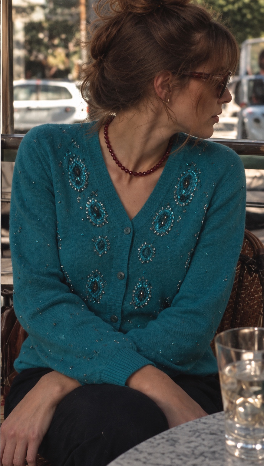 Teal cardigan with hand-beaded medallion details